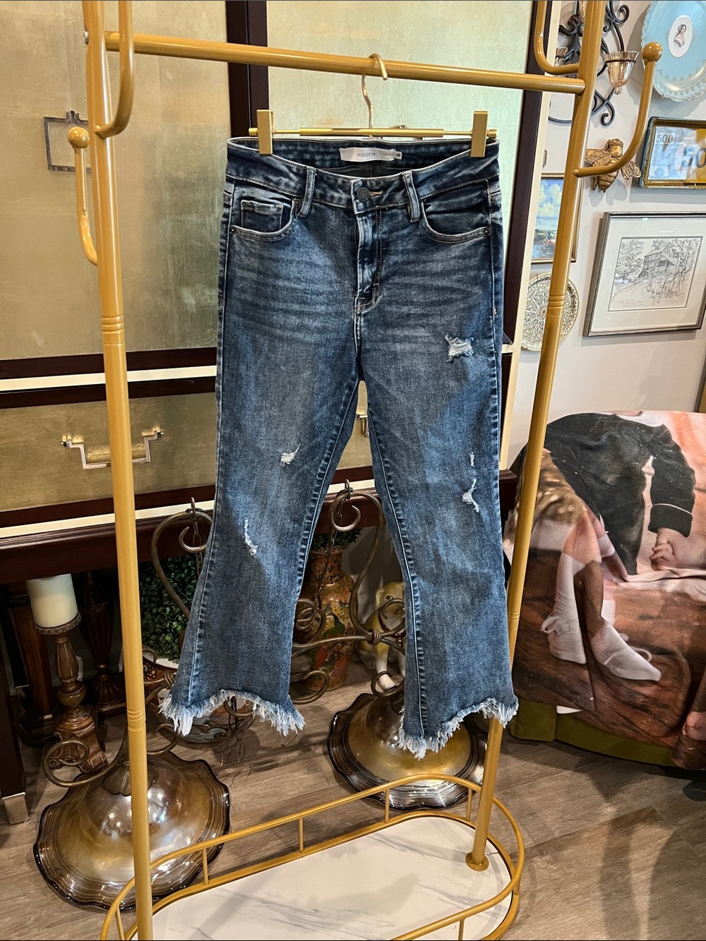 Frayed Hem Distressed Cropped Jeans - Blue